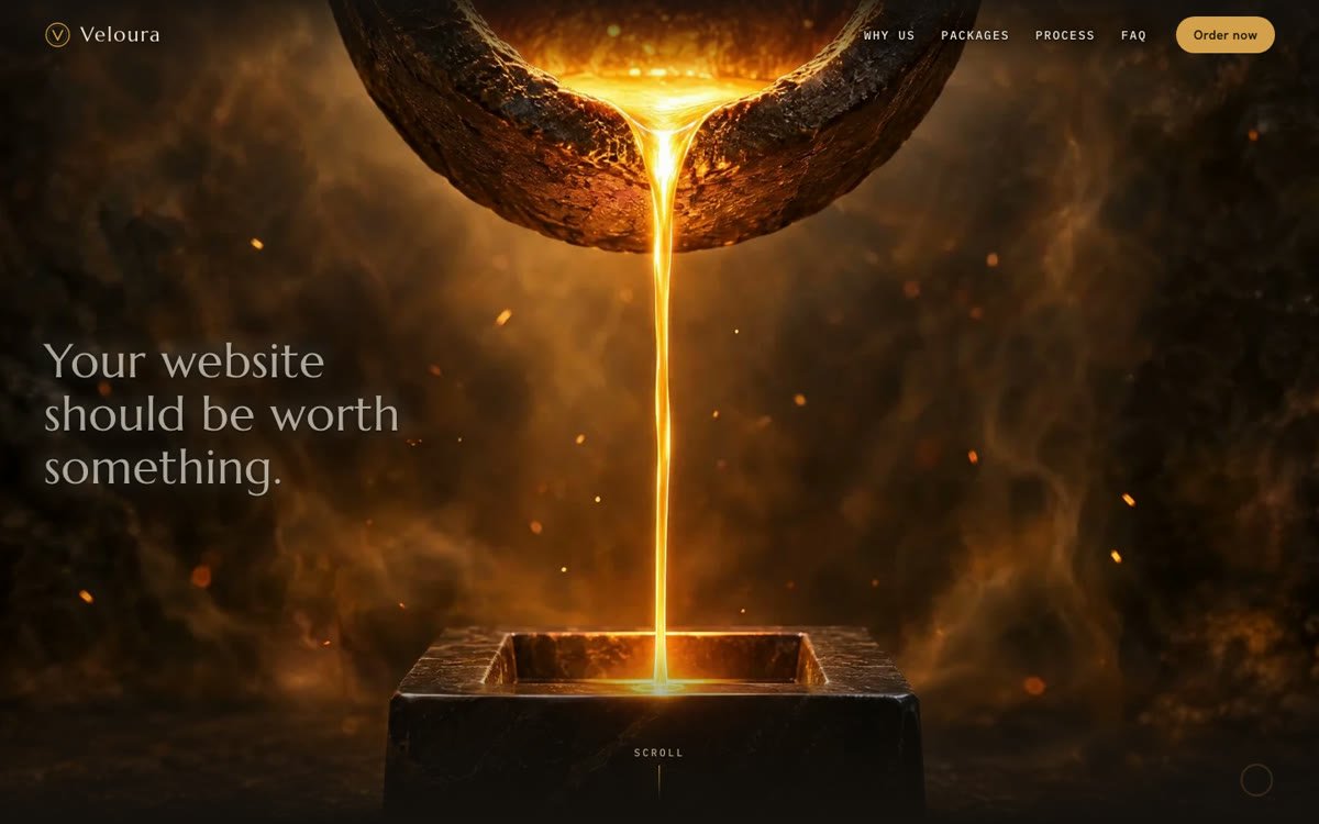 The cinematic sample site: molten gold pouring as you scroll